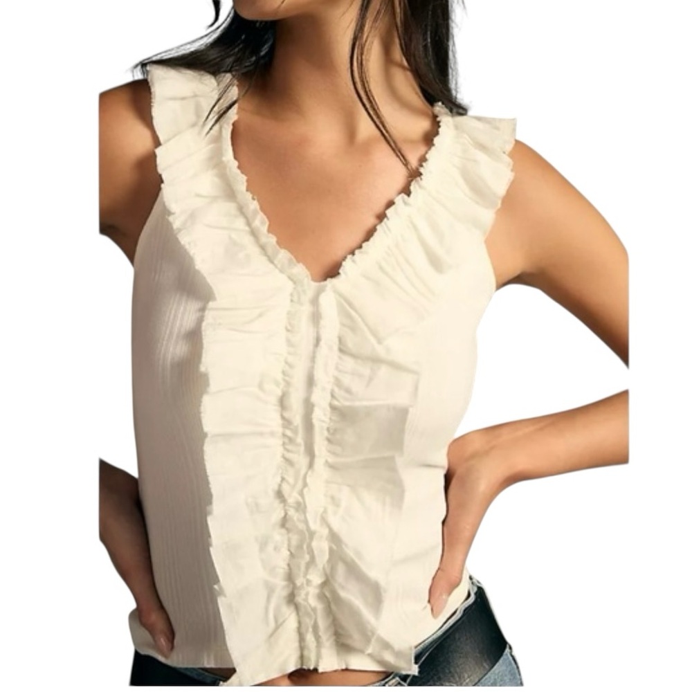 Pilcro Cream Ruffle V-Neck Tank